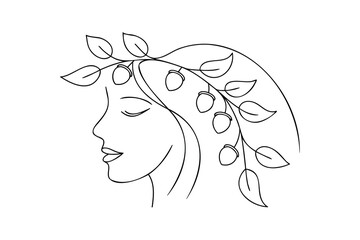Handdrawn continuous line drawing a woman's profile adorned with acorns leaves face