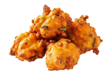 Crispy golden vegetable Indian fritters Pakoras with herbs, isolated on white transparent background, concept of traditional snack