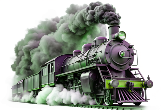 A powerful vintage steam train billows green and purple smoke as it travels down the tracks isolated on transparent background