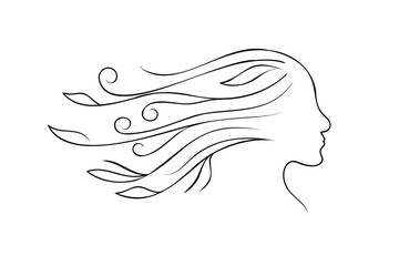 Handdrawn continuous line drawing a woman's profile with flowing hair face