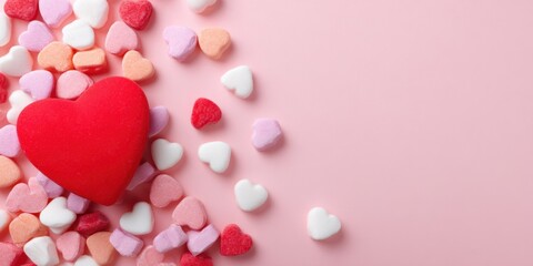 The vibrant arrangement of heart-shaped candies on a pink background.