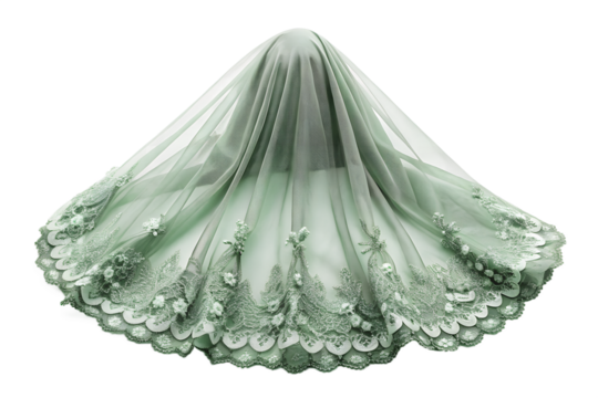 A delicate green bridal veil with intricate floral lace and embroidery is displayed isolated on transparent background - Powered by Adobe