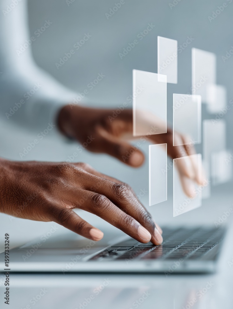 Poster professional innovative user interface interaction on laptop with holographic ui-ux design for moder
