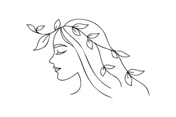 Handdrawn continuous line drawing a woman's profile with leaves in her hair face