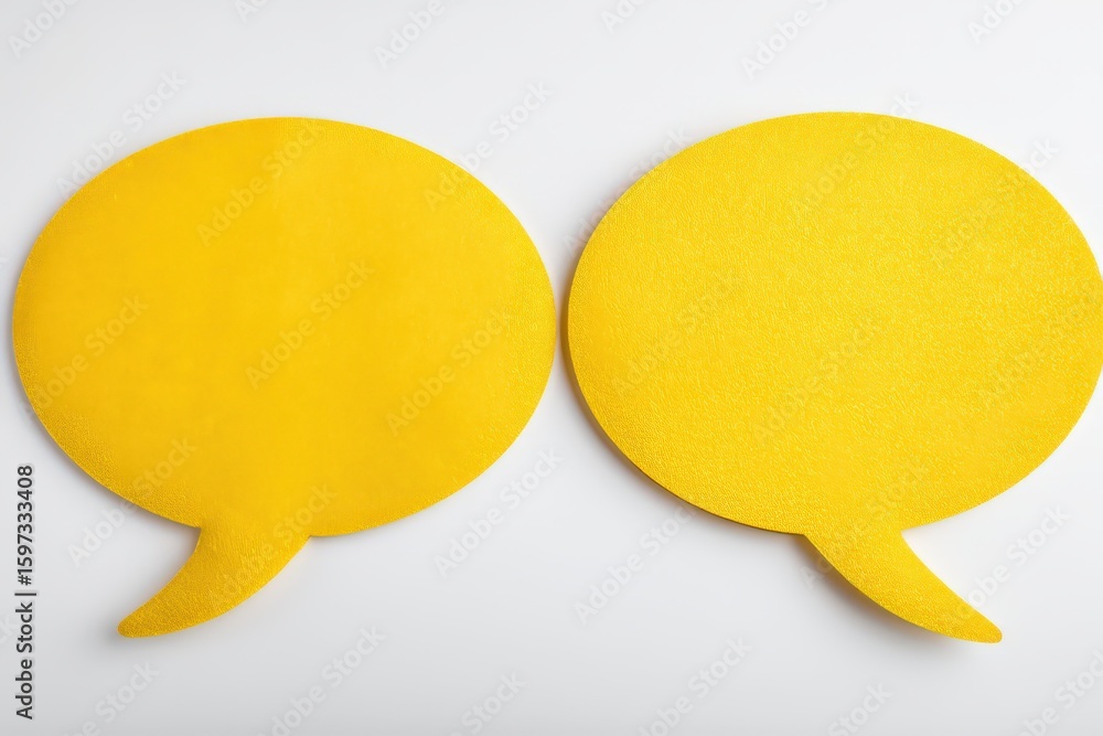Poster two yellow speech bubble shapes on a minimalist white background representing vibrant communication 