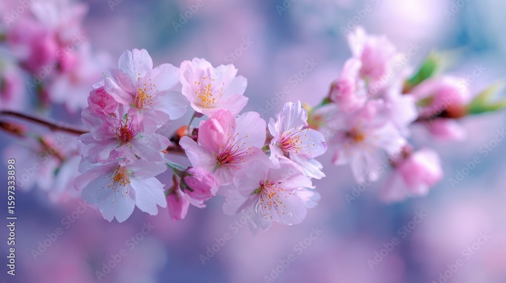 Aufkleber in a serene spring setting, cherry blossoms burst into bloom, displaying clusters of soft pink petal