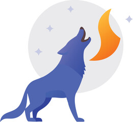 Blue Wolf Howling at Orange Crescent Moon: Night Sky Vector Graphic