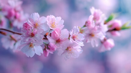 Obraz premium In a serene spring setting, cherry blossoms burst into bloom, displaying clusters of soft pink petals that catch the light and create a tranquil atmosphere.