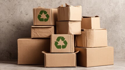 Several cardboard boxes are neatly stacked in a minimalist environment, featuring green recycling symbols. This arrangement promotes awareness of eco-friendly practices and waste reduction.