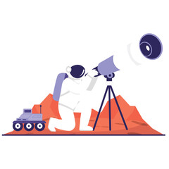 Space Activity Illustration. Vector illustration of An astronaut kneels on a planet surface using a telescope to observe distant space objects. Isolated on background © Space
