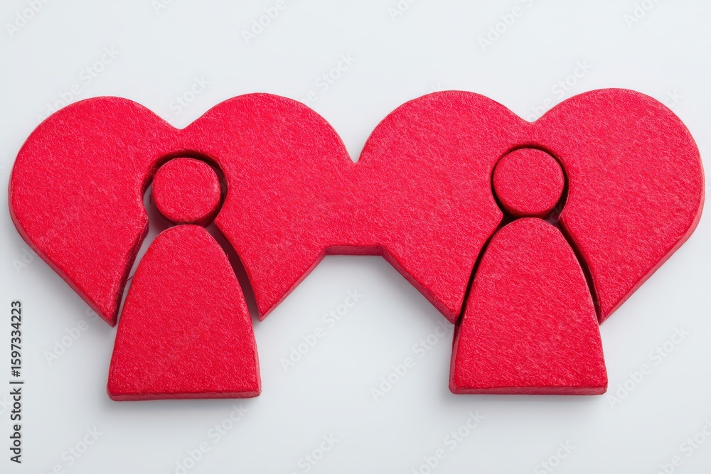 Poster two interlocking red hearts symbolizing love and connection intertwined with abstract silhouettes re