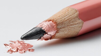 Close-up of a pink pencil with a broken tip and shavings on a white surface.