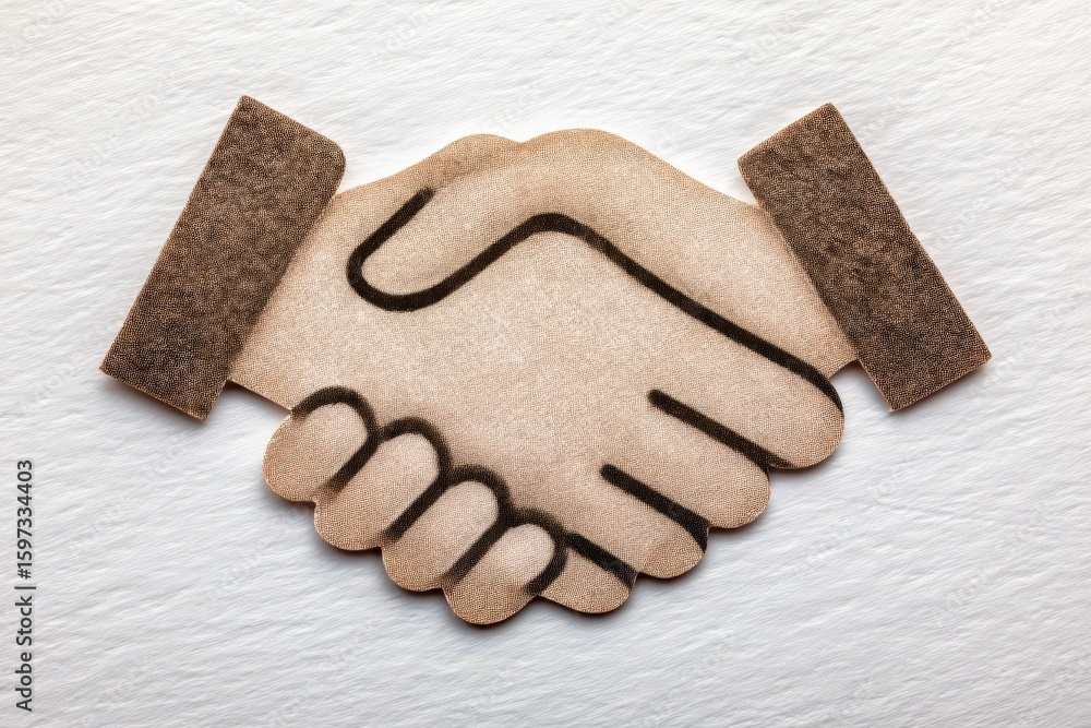 Poster creative illustration depicting a handshake between two fabric hands symbolizing partnership collabo