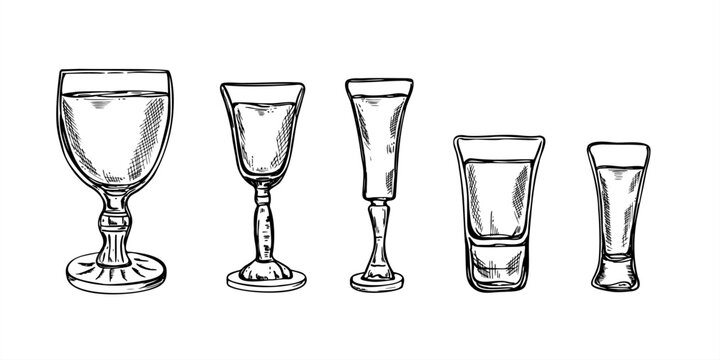 Monochrome shot glasses and liquor cups for limoncello, vodka, and spirits vector set illustration painted by black inks. Dinking glass clip art for bar menus, alcohol branding, party invitation.