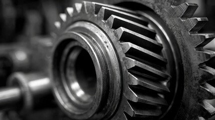 Fototapeta premium A detailed look at a metallic gear positioned in a machine shop. The gear exhibits complex teeth and surface textures, reflecting the precision of mechanical engineering.
