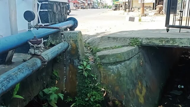 Terdapat pipa air berwarna biru yang melintang di atas selokan atau parit, lengkap dengan alat pengukur tekanan (manometer) di bagian atasnya.
Selokan/Parit:
Di bawah pipa air, terlihat selokan 