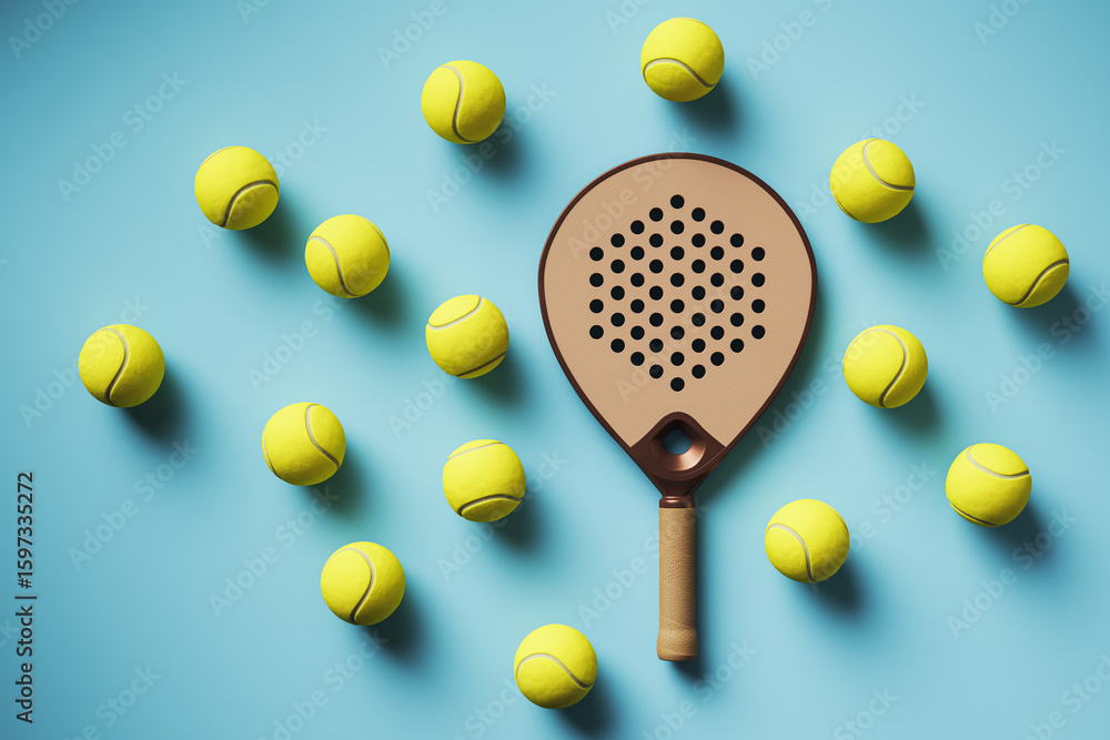 Poster padel racket and multiple yellow balls arranged on light blue background in modern minimal style fro
