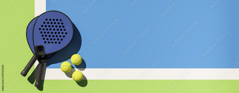 Poster two blue padel rackets and three yellow balls on a colorful court with bright shadows and copy space