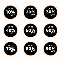 SET SALE BADGE TEMPLATE DESIGN. OFFER WITH DIFFERENT DISCOUNT PROMOTION. BLACK ORANGE COLOR MODERN DESIGN VECTOR FOR YOUR BUSINESS