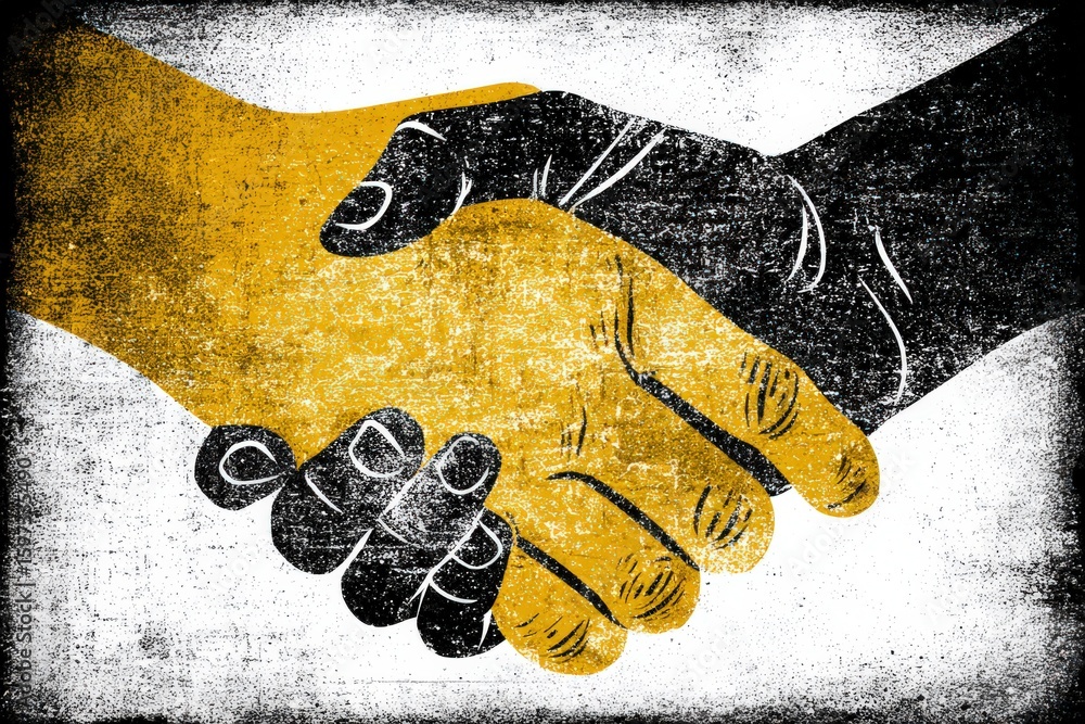 Poster artistic depiction of two hands in unity showcasing diversity through contrasting colors with a text