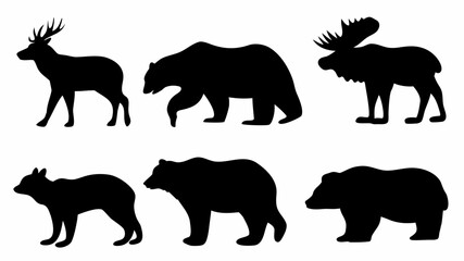 Obraz premium Silhouette illustration featuring a deer bear moose and other animals in a simple black and white style | editable eps vectors