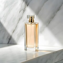 Elegance in a Bottle: A beautifully designed bottle of fragrance rests on a luxurious marble surface, capturing the essence of luxury and sophistication.