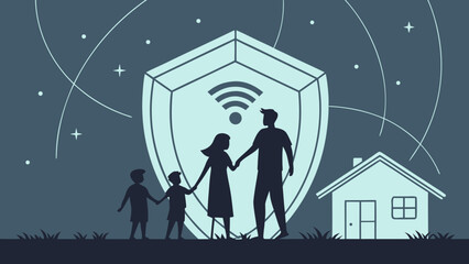 Family Protecting Home WiFi Security Shield in Night Sky Illustration