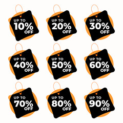 SET SALE BADGE TEMPLATE DESIGN. OFFER WITH DIFFERENT DISCOUNT PROMOTION. BLACK ORANGE COLOR MODERN DESIGN VECTOR FOR YOUR BUSINESS