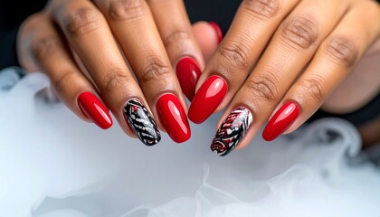 red painted with pattern woman nails, blurred and smoky background