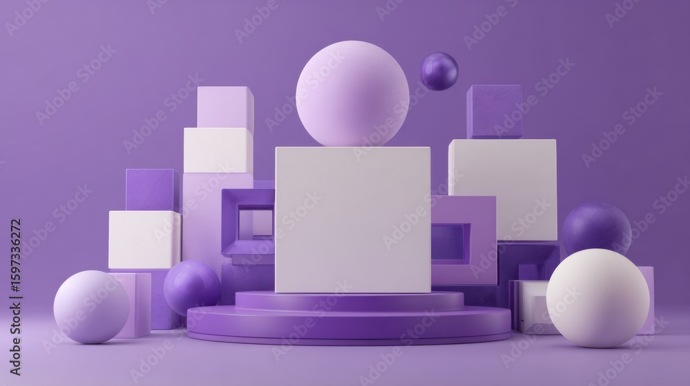 Poster bright purple and white geometric shapes, including cubes and spheres, are arranged together on a ci