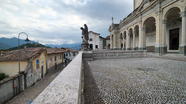 Churchyard and landscape from the church of Santa Maria Assunta in Clusone, Lombardy, Italy