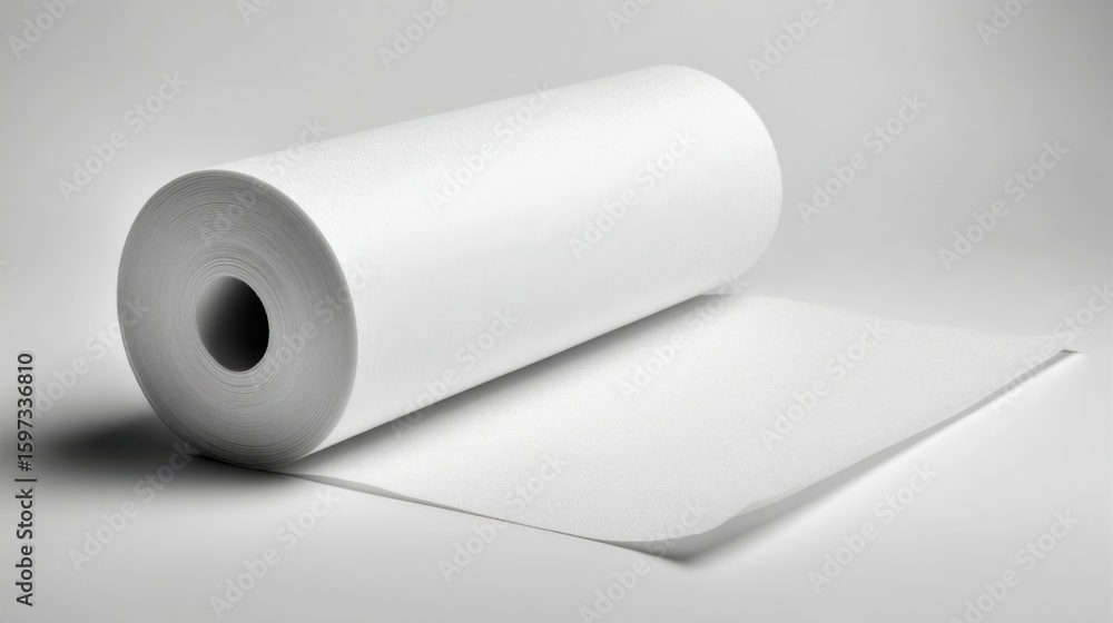 Aufkleber a roll of white paper rests on a light gray surface with the edge unrolled, showcasing its smooth te