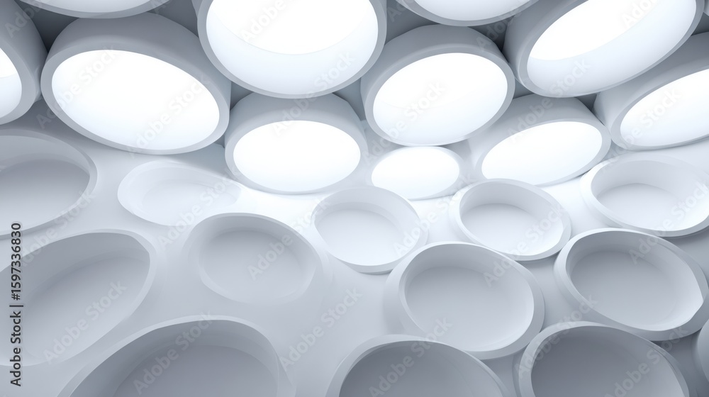 Poster unique circular light fixtures create an intriguing pattern on a white ceiling in a contemporary int
