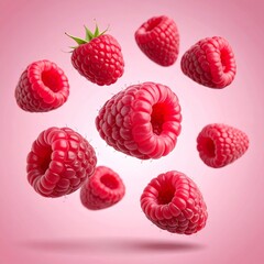 Floating raspberries create a vibrant display against a soft pink background