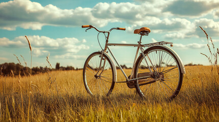 Obraz premium Vintage Bicycle in Golden Field Under Blue Sky with Clouds Serene Scene