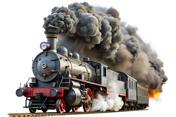 A vintage steam train puffing smoke as it travels down the railroad tracks isolated on transparent background