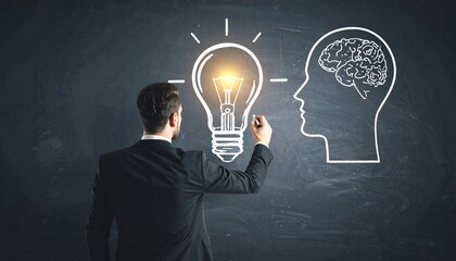 Businessman draws idea on chalkboard