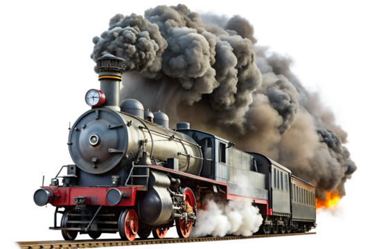 A vintage steam train puffing smoke as it travels down the railroad tracks isolated on transparent background