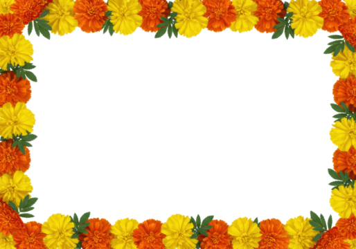 Vibrant yellow and rich orange marigold flower garlands with deep green leaves, meticulously arranged as an ornate border on a pristine, seamless, plain white background, studio lighting, festive