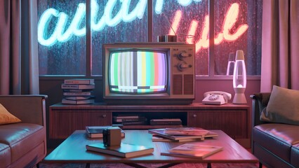 Retro living room with vintage television and neon signs
