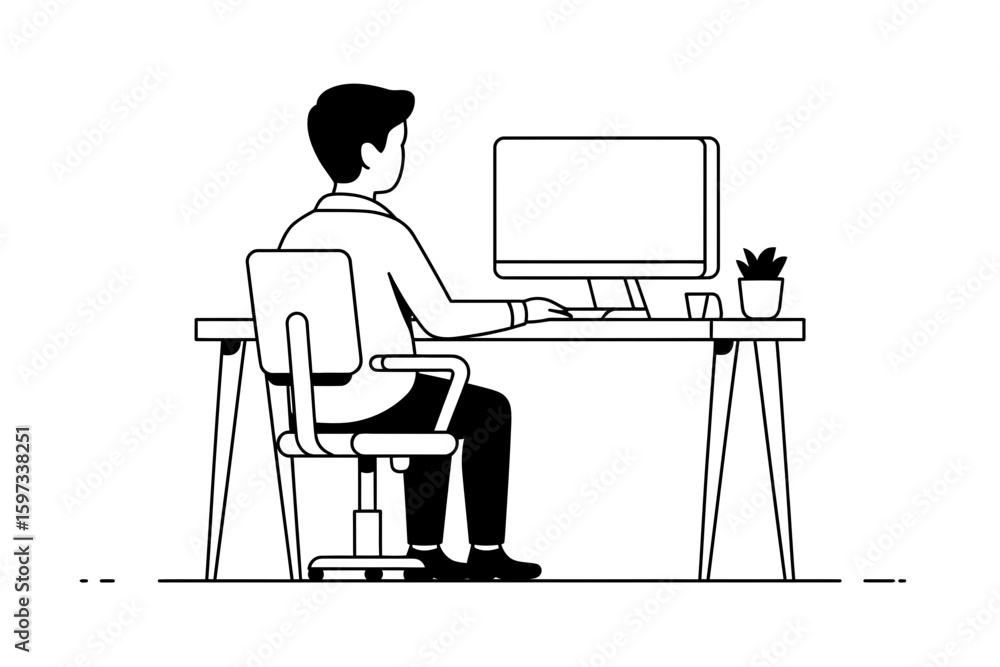 Poster man working on computer at desk in office silhouette isolated on white background