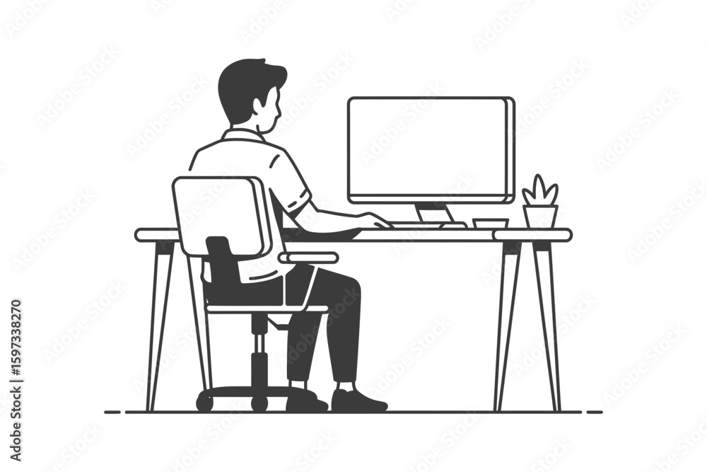 Poster man working on computer at desk silhouette isolated on white background