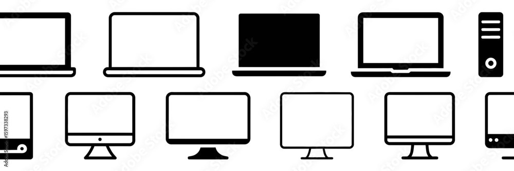 Fototapete collection of various computer and laptop icons in a silhouette style isolated on white background