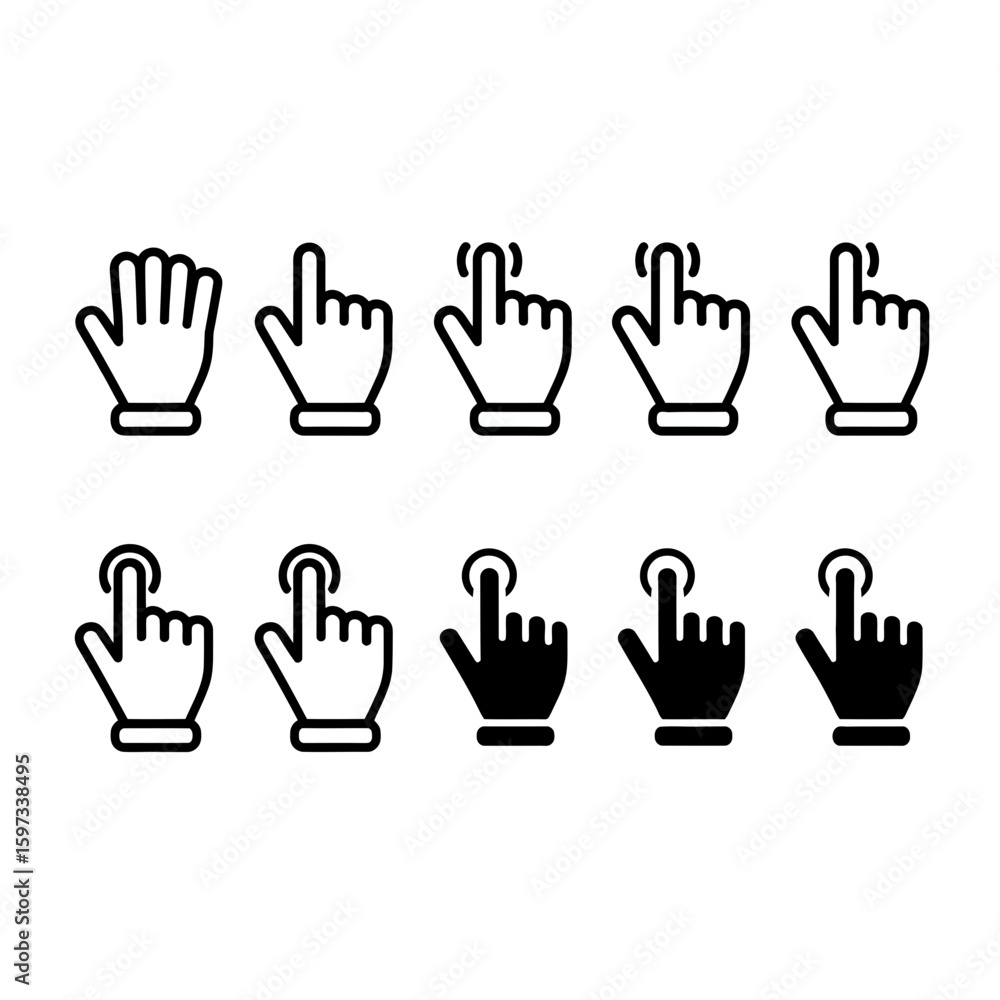 Aufkleber collection of diverse hand cursor icons representing various touch gestures and clicks isolated on w