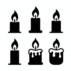 Collection of six black candle silhouettes with flames isolated on white background