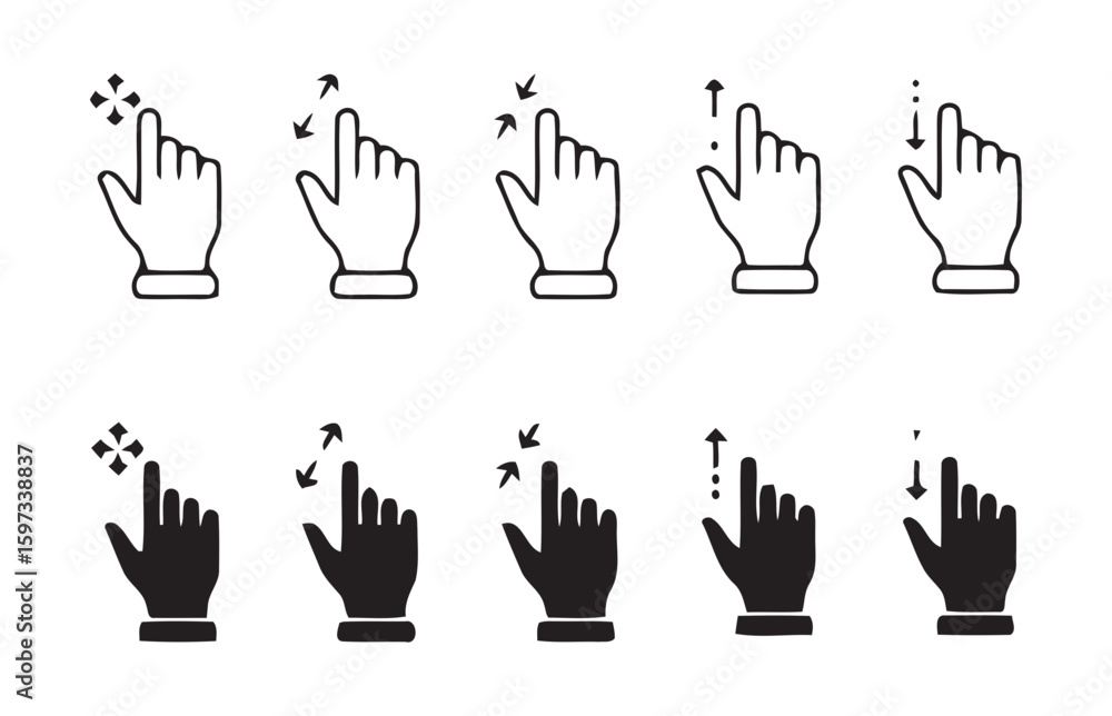 Poster collection of hand gestures and touchscreen interaction icons silhouette isolated on white backgroun