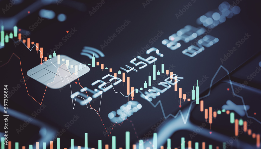 Poster credit card with declining stock chart and red downward arrows symbolizing online financial crash an