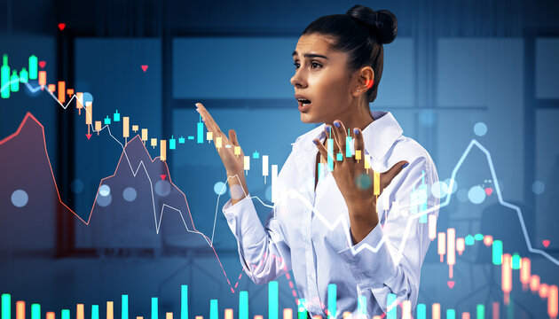 Businesswoman in panic during financial crisis with falling stock market graphs and charts on dark background, double exposure concept..
