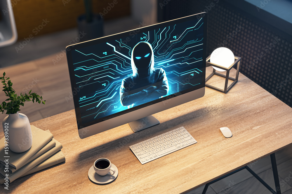 Aufkleber hacker in hoodie with glowing eyes on monitor screen in dark room, symbolizing online data security 