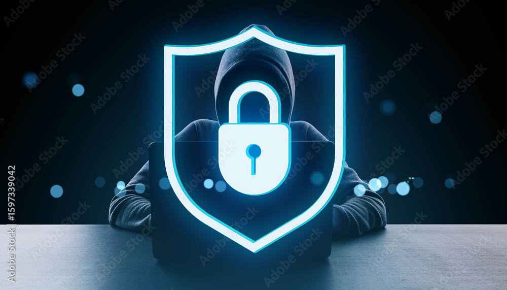 Poster cybersecurity concept showing hooded hacker behind laptop with glowing digital shield and padlock ic